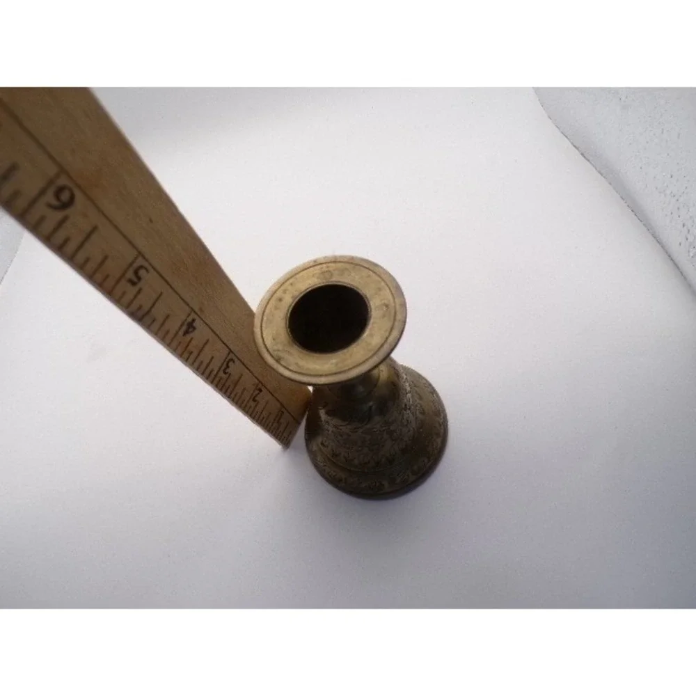 Vintage Brass Bell Shaped Candlestick Holder Floral Etched Tabletop Decor